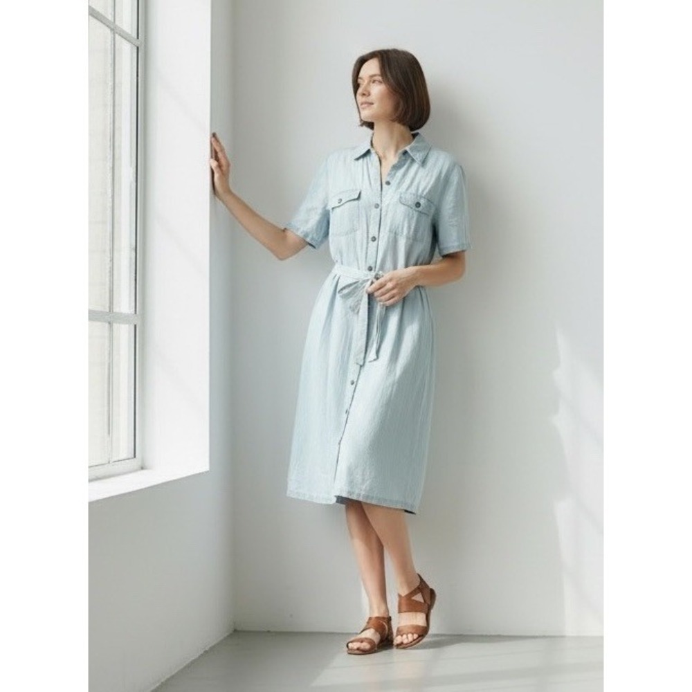 VTG‎ Chambray Shirt Dress Denim Jean Light Wash Cottage Preppy Belted Large FLAW